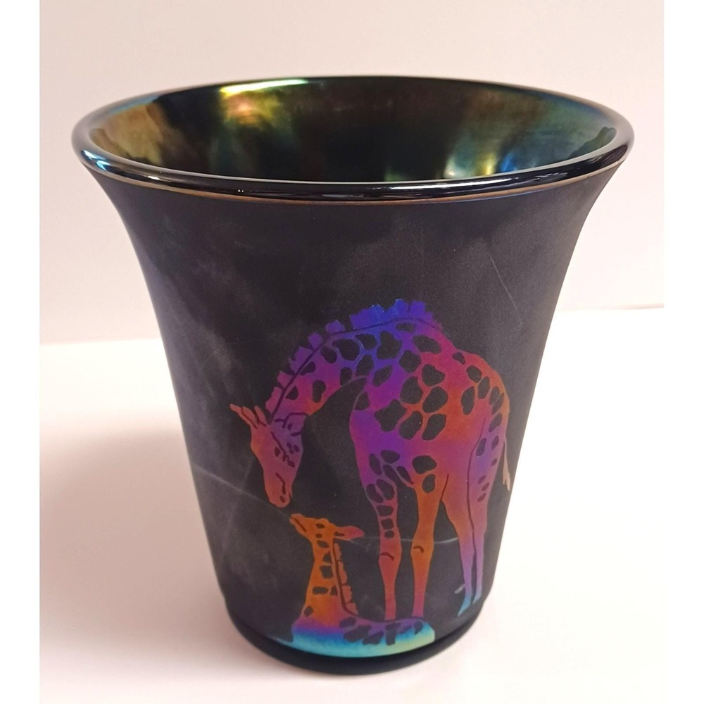 Vintage Fenton Glass OOAK Giraffe Vase Black Green Purple Sand Carved Custom